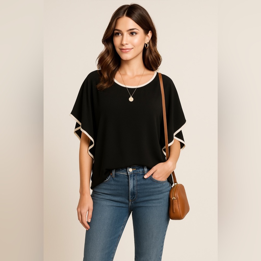 Black Poncho Top Made in USA Contrast Trim Flutter Sleeve Oversized - L